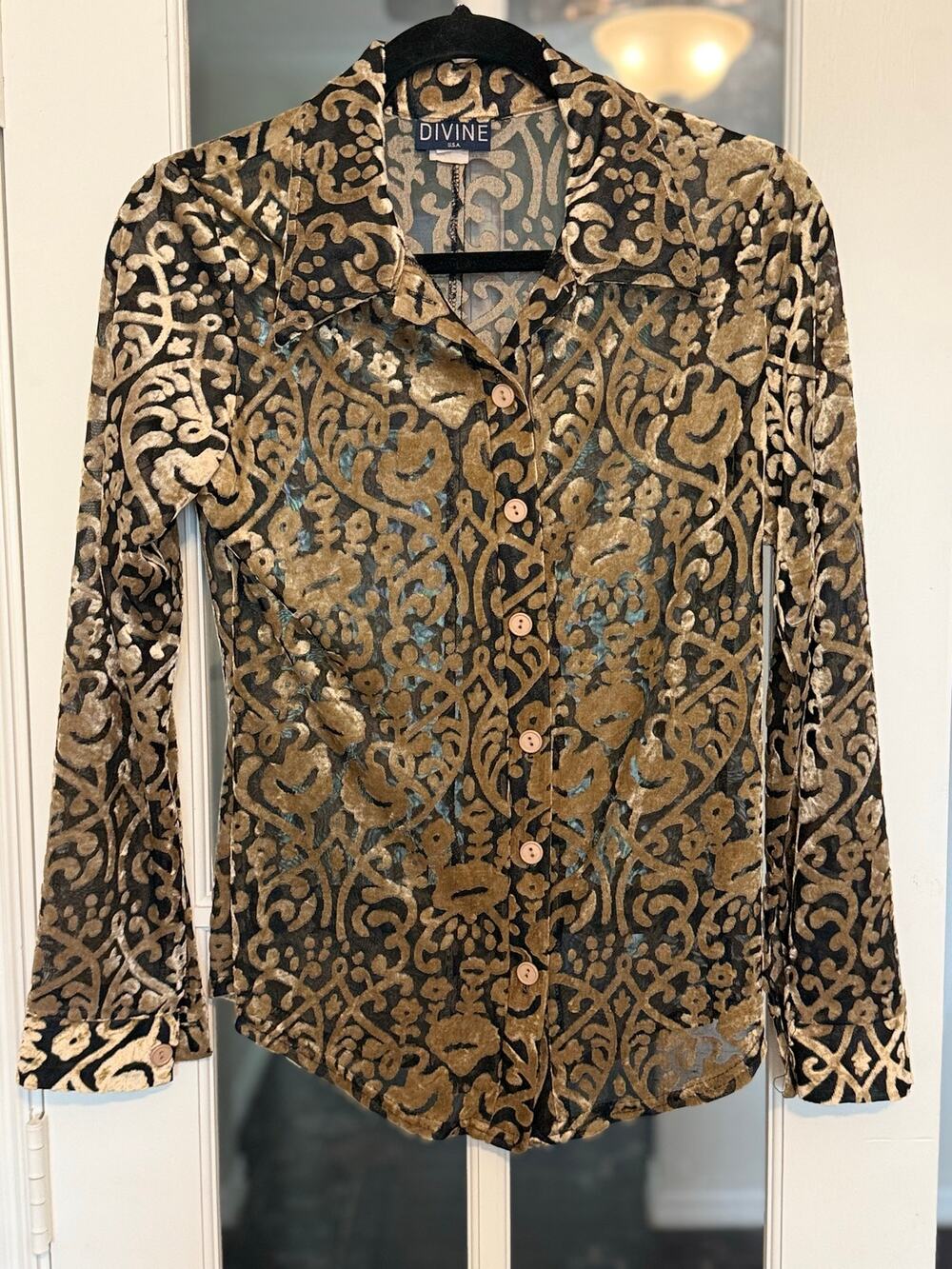 Divine USA Small Velvet Burnout Blouse Black Gold Baroque Sheer Button Down Y2K